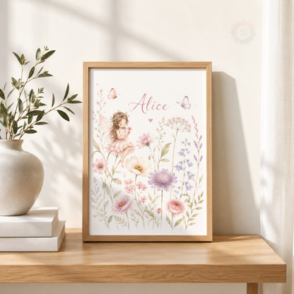 Personalised Fairy Wildflower Nursery Prints – Pink Floral Girls Wall Art Set
