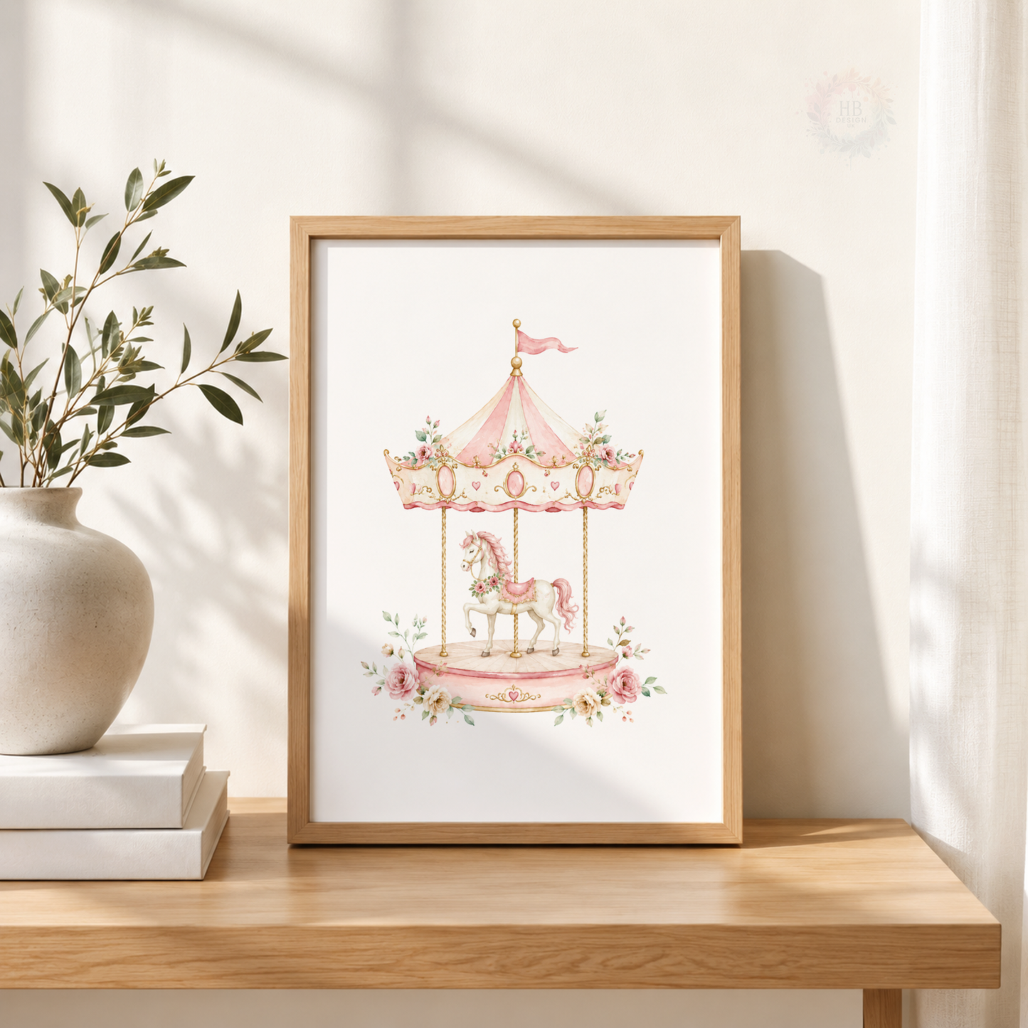 Pink Carousel Horse Nursery Prints – Set of 3 Floral Fairground Wall Art