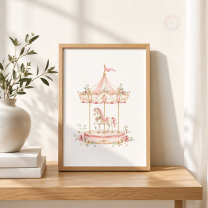 Pink Carousel Horse Nursery Prints – Set of 3 Floral Fairground Wall Art