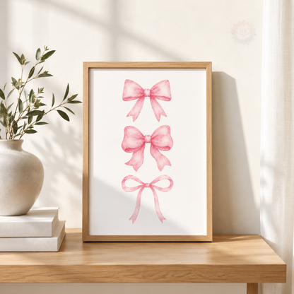 Personalised Pink Bow & Cherry Wall Art Print Set – Custom Name & Initial