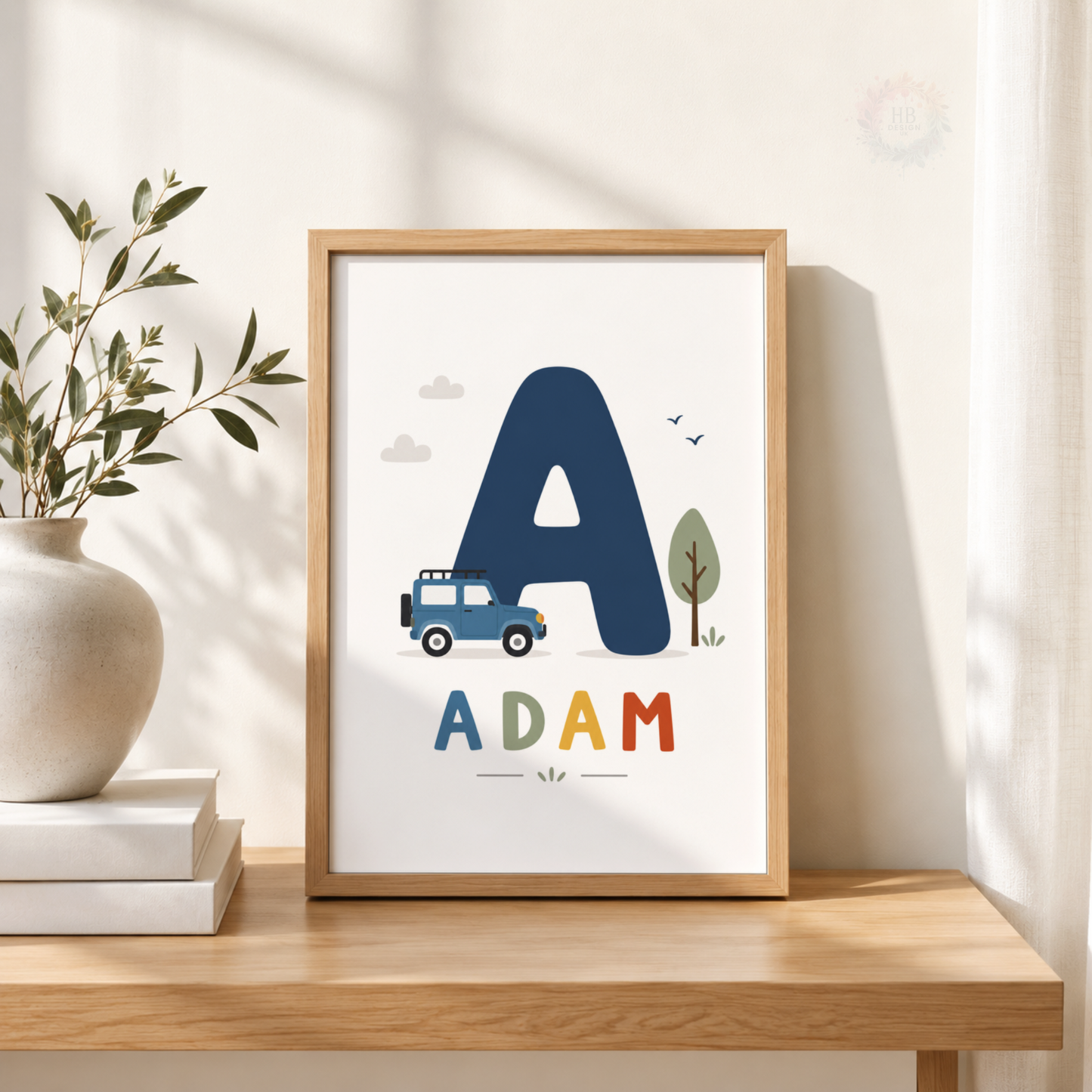Personalised Transport Nursery Wall Art Set – Cars, Fire Engine & Name Initial Prints