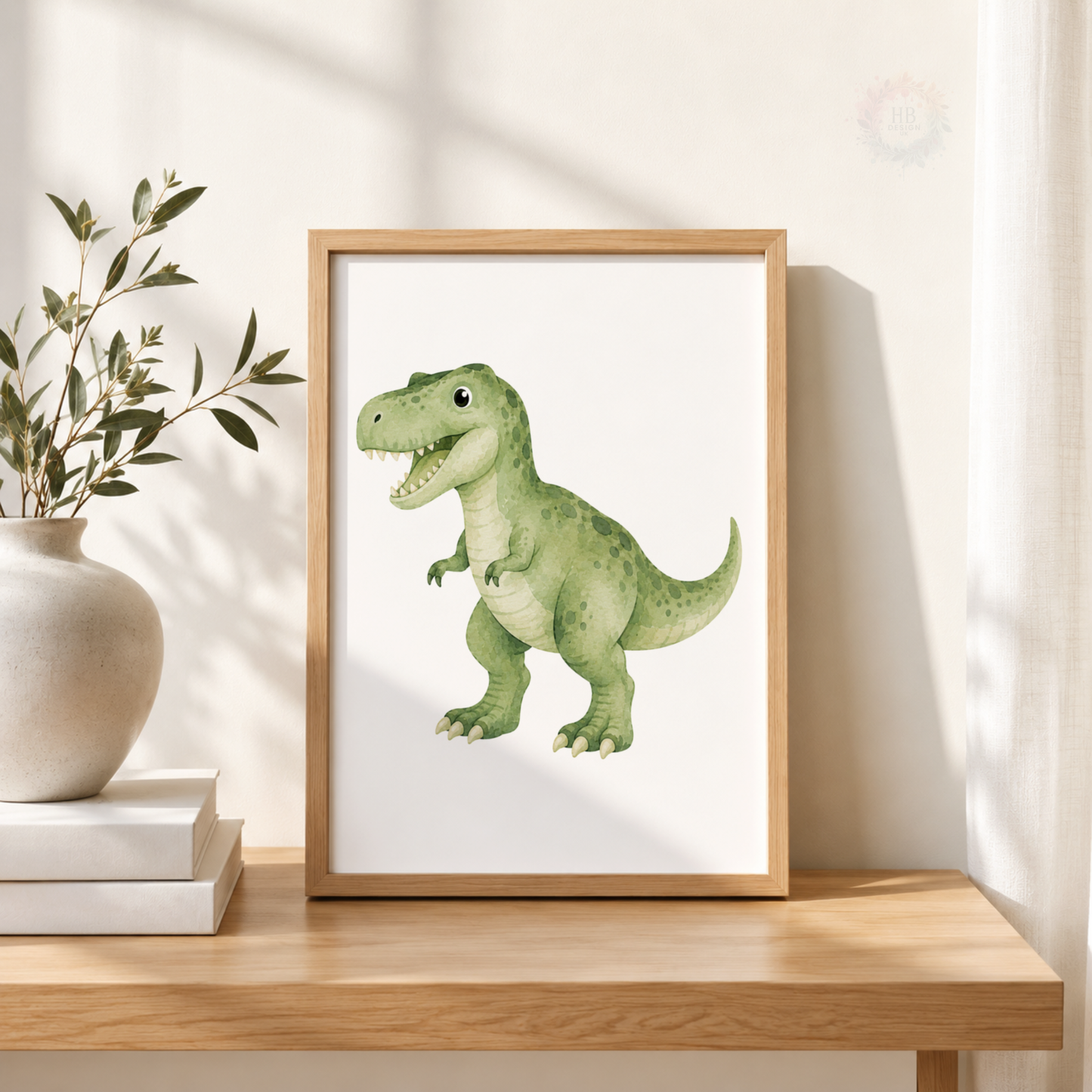 Green Dinosaur Nursery Wall Art Set – Cute Watercolour Dino Prints