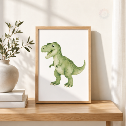 Green Dinosaur Nursery Wall Art Set – Cute Watercolour Dino Prints