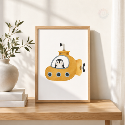 Safari Animal Transport Nursery Wall Art Set – Zebra Scooter, Penguin Submarine & Leopard Jeep Prints