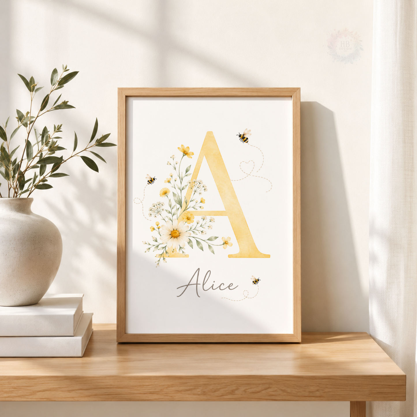 Personalised Bee & Wildflower Nursery Prints – Set of 3 Yellow Floral Wall Art