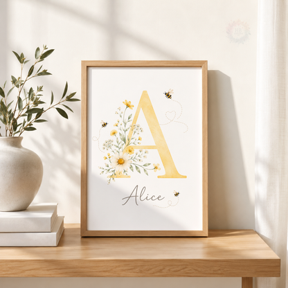 Personalised Bee & Wildflower Nursery Prints – Set of 3 Yellow Floral Wall Art