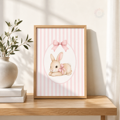 Pink Bunny Nursery Wall Art Print Set – Rabbit & Bow Girls Bedroom Decor