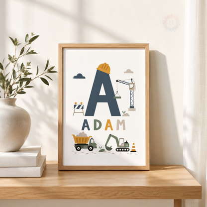 Personalised Construction Nursery Prints – Digger Truck & Crane Boys Wall Art Set
