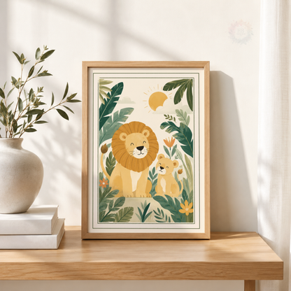 Lion & Cub Jungle Nursery Print – Safari Animal Kids Wall Art