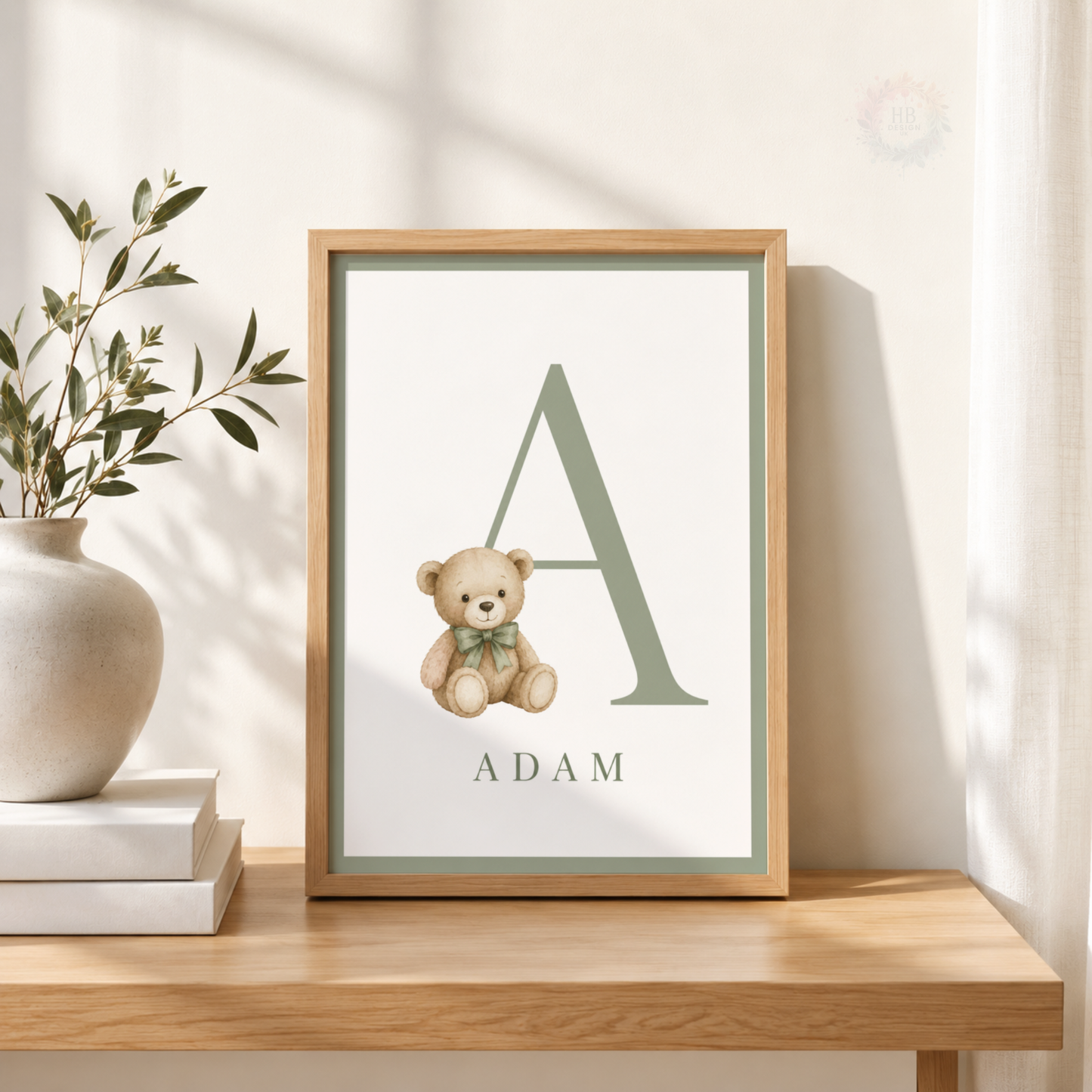 Personalised Teddy Bear Initial Nursery Print – Sage Green Name Wall Art