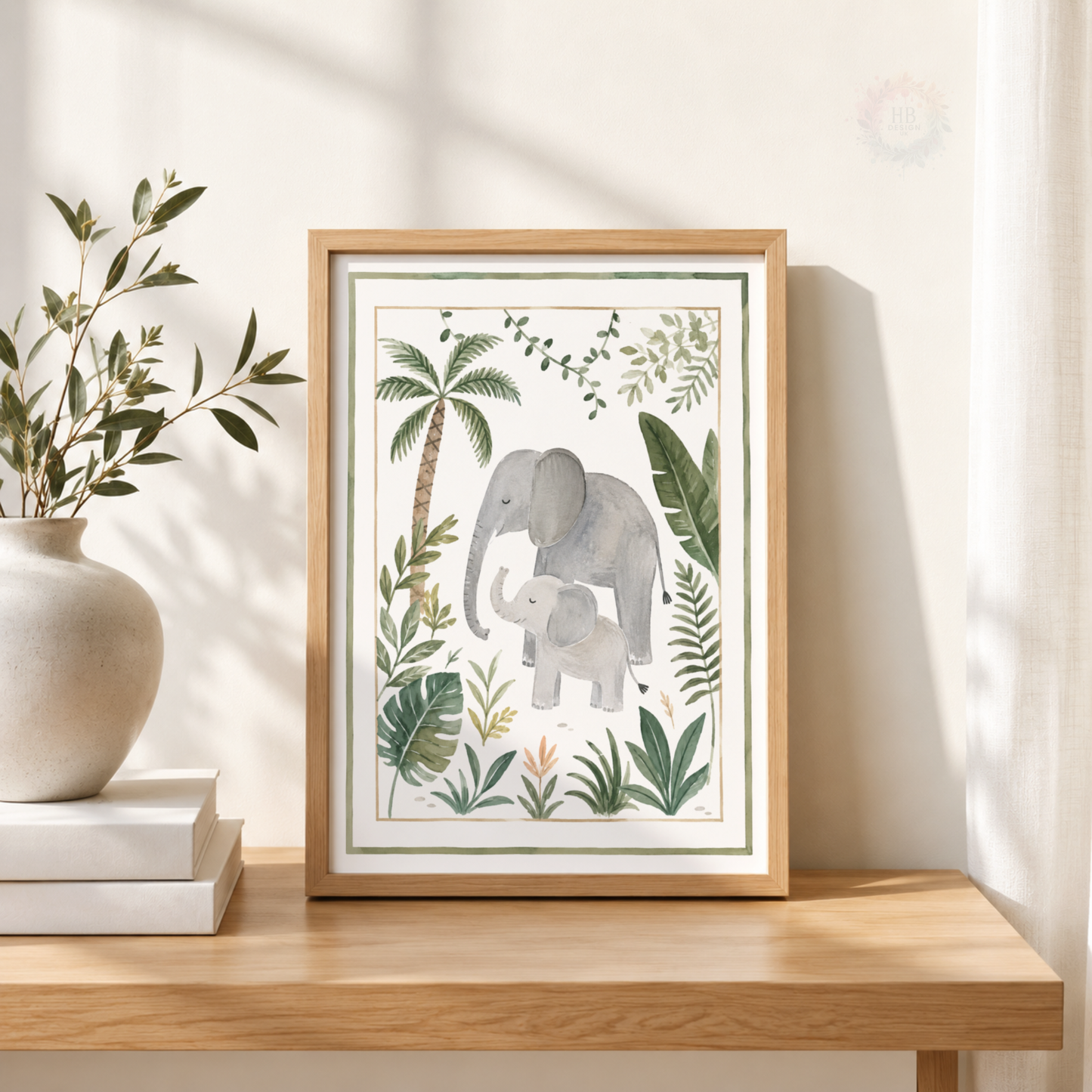 Elephant & Baby Jungle Nursery Print – Watercolour Safari Animal Wall Art
