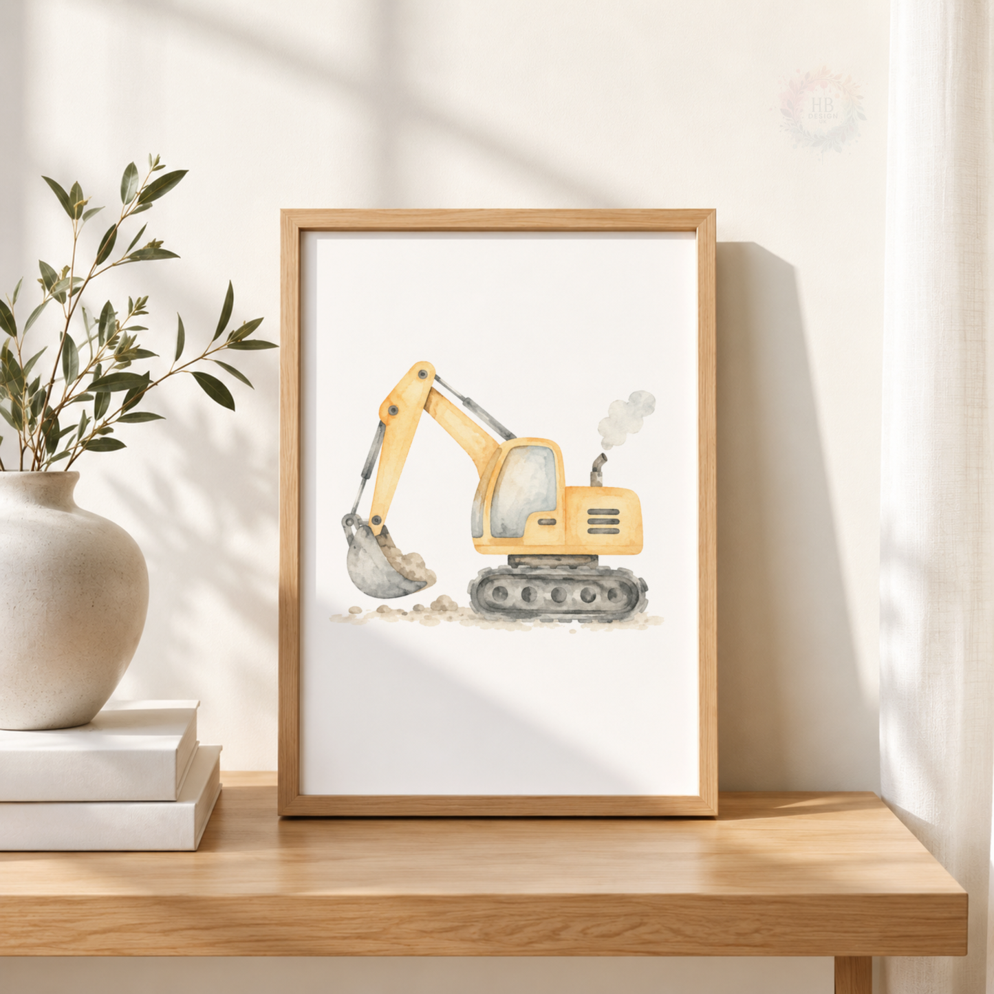 Watercolour Construction Vehicle Nursery Prints – Digger Dump Truck & Bulldozer Wall Art Set
