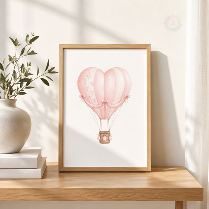 Pink Balloon & Hot Air Balloon Wall Art Print Set – Girls Nursery Decor