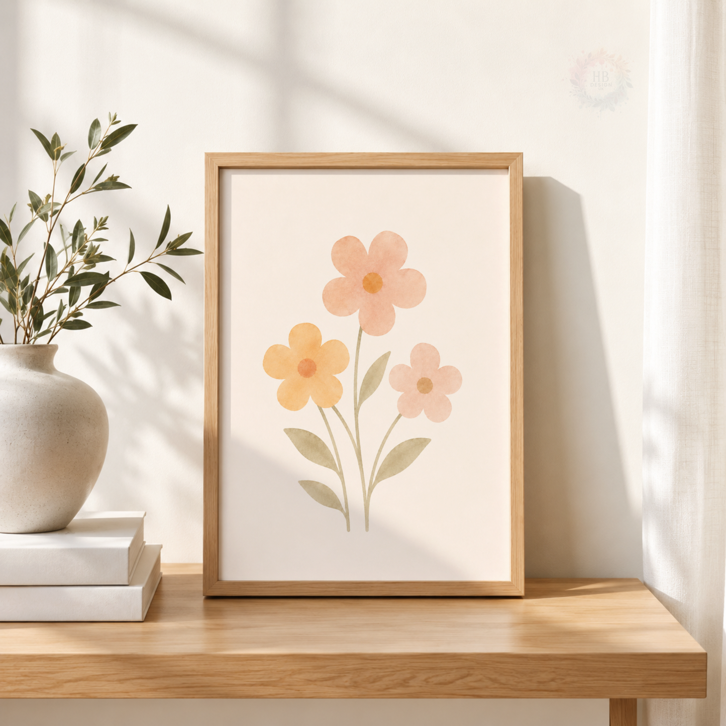 Boho Floral Nursery Prints – Set of 3 Sun, Flowers & Rainbow Wall Art