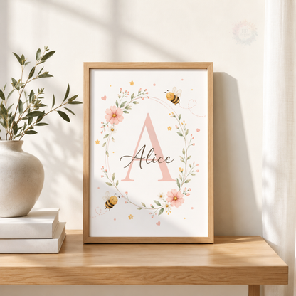 Personalised Pink Bee Nursery Prints – Set of 3 Floral Bumblebee Wall Art