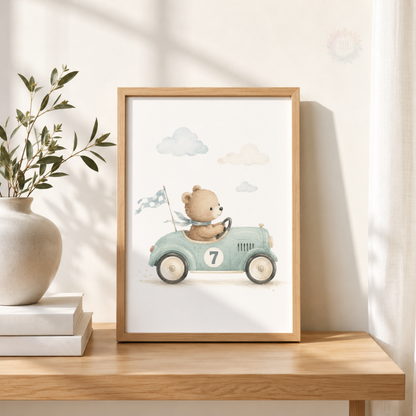Personalised Teddy Bear Nursery Prints – Set of 3 Blue Racing Car & Name Wall Art