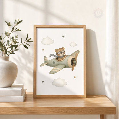 Teddy Bear Aeroplane Nursery Wall Art Print Set – Boys Bedroom Decor