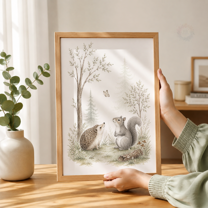 Woodland Animal Nursery Prints – Fox, Badger, Rabbits, Hedgehog & Squirrel Wall Art Set