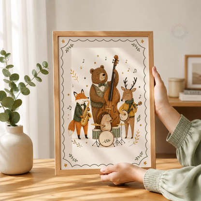 Woodland Animal Band Nursery Print – Musical Forest Friends Wall Art