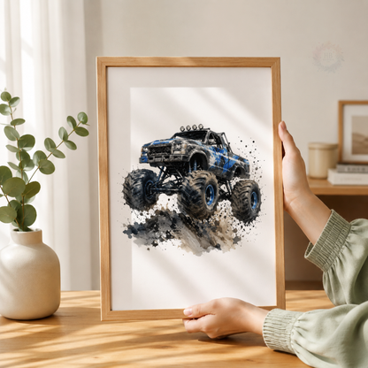 Personalised Monster Truck Wall Art Set – Racing Flag & Off-Road Truck Prints