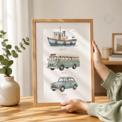 Vintage Transport Nursery Prints – Set of 3 Vehicle Wall Art for Boys’ Bedroom