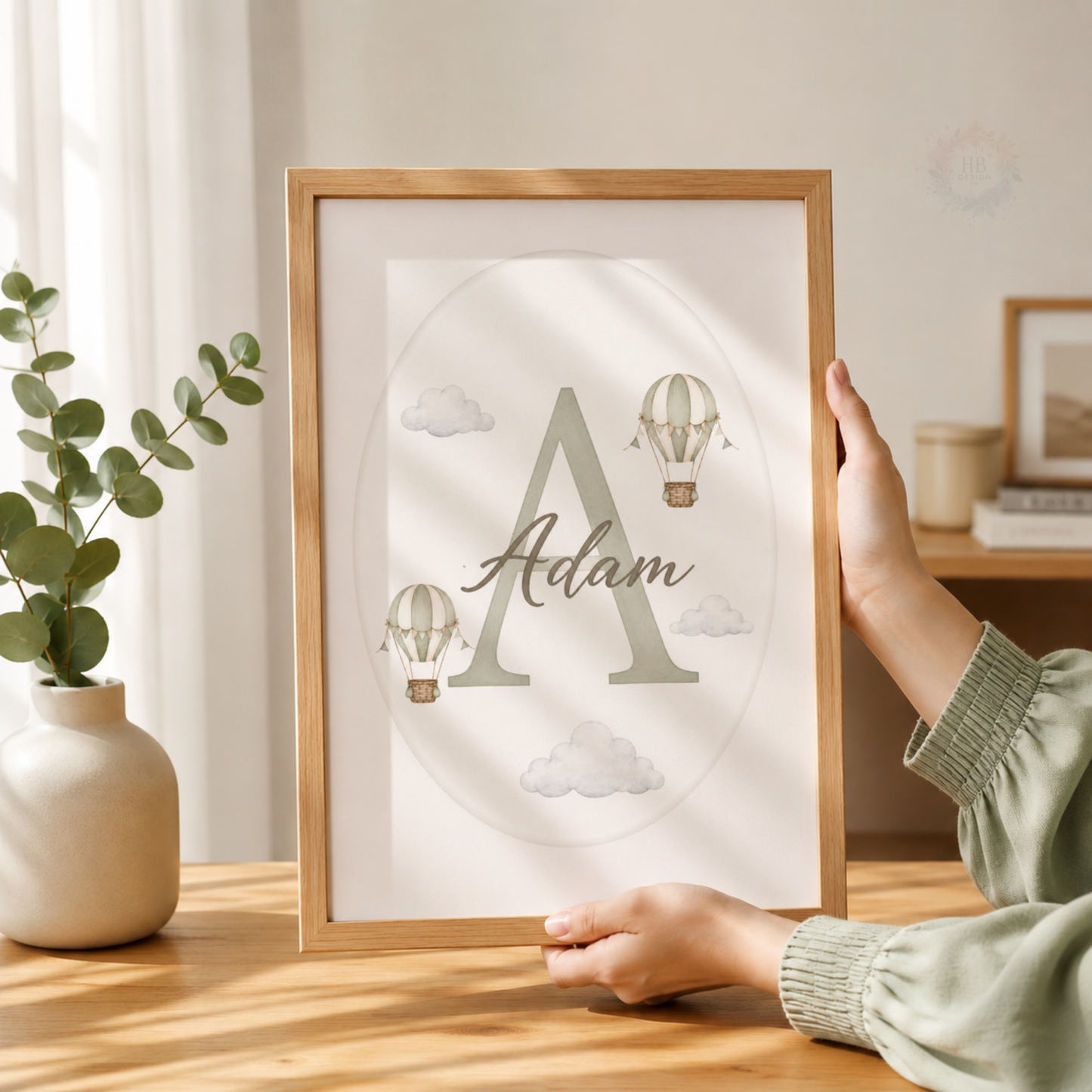 Personalised Hot Air Balloon Nursery Wall Art Print Set – Custom Name & Initial