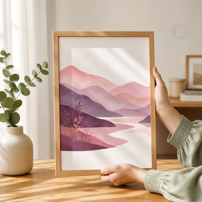 Pink & Purple Mountain Landscape Prints – Set of 3 Boho Scenic Wall Art