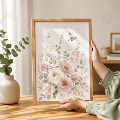 Floral Girl Nursery Prints – Set of 3 Pink Flowers, Butterflies & Swing Wall Art