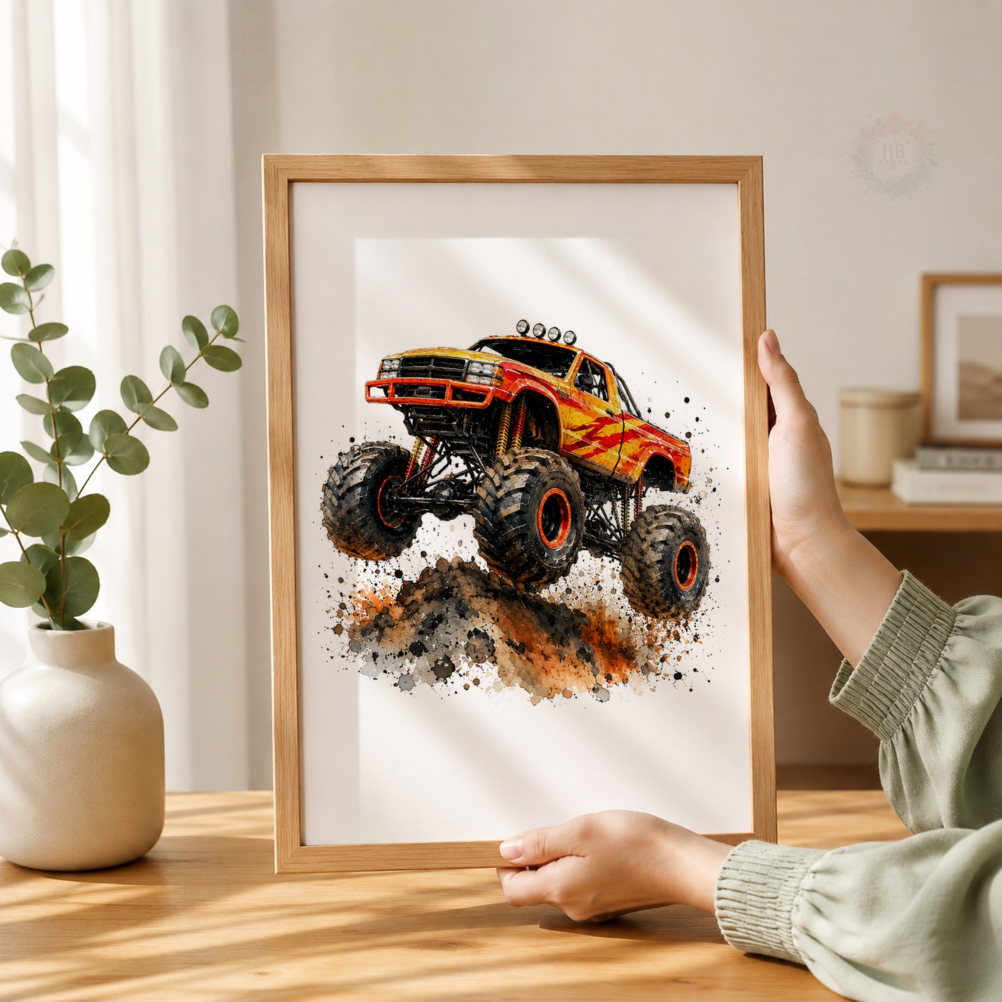 Personalised Orange Monster Truck Wall Art Set – Racing Flag & Off-Road Truck Prints