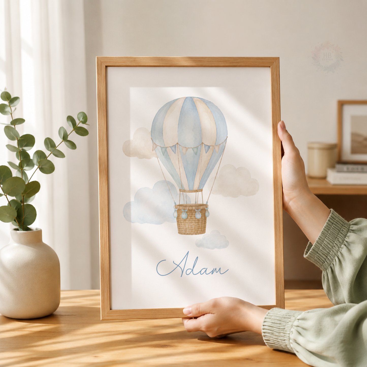 Personalised Hot Air Balloon Nursery Wall Art Print Set – Blue Moon & Stars