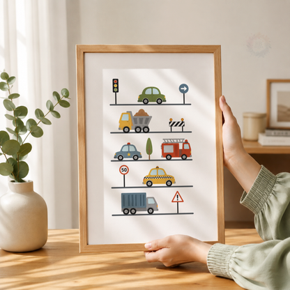 Personalised Transport Nursery Prints – Set of 3 Cars & Road Boys’ Wall Art