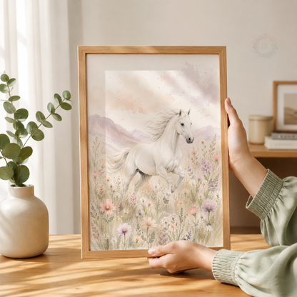 Pastel Horse Meadow Wall Art Set – Watercolour Equestrian Nursery Prints