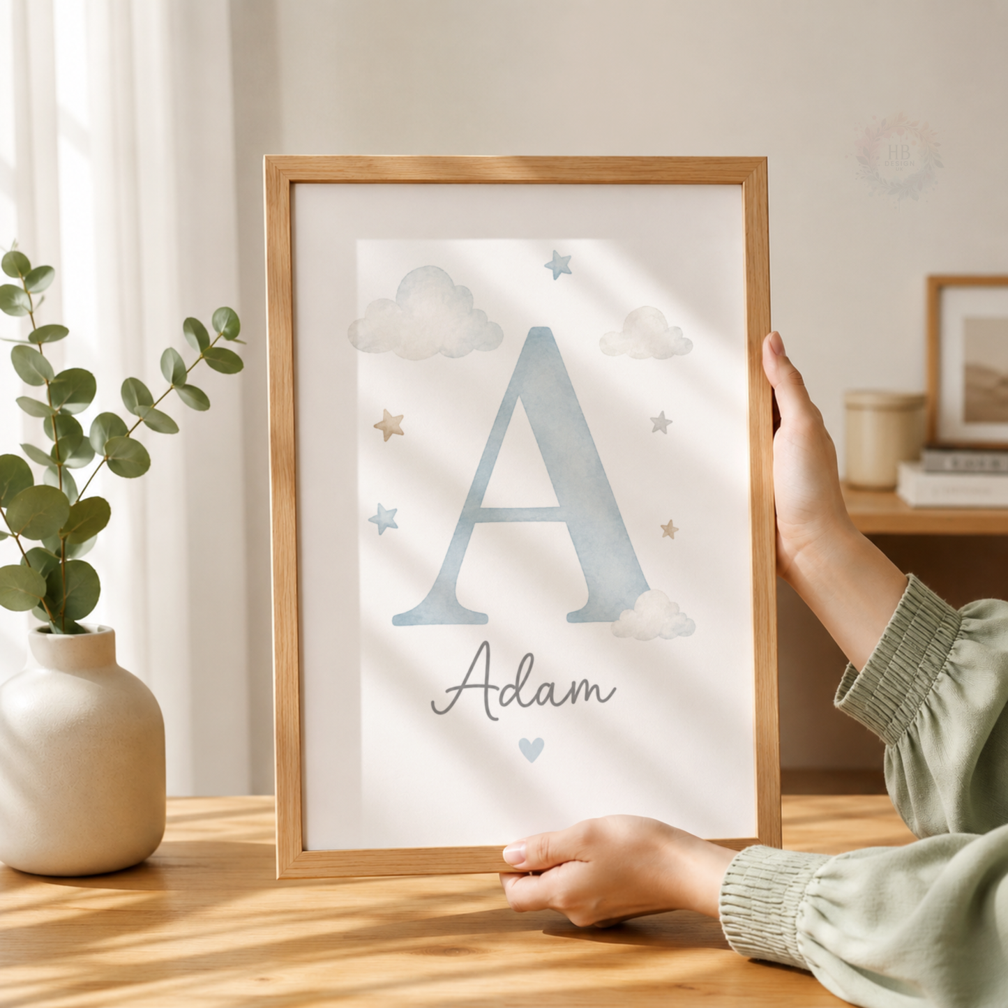 Personalised Teddy Bear Nursery Prints – Set of 3 Blue Racing Car & Name Wall Art