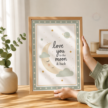 Love You to the Moon & Back Nursery Print – Celestial Moon & Stars Wall Art