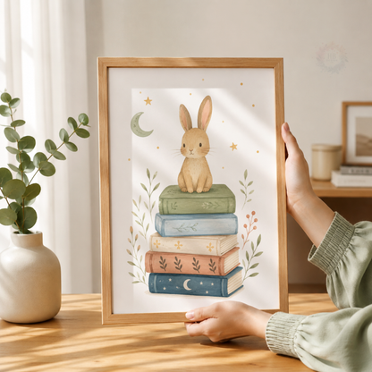Bunny on Books Nursery Print – Woodland Reading Kids Wall Art