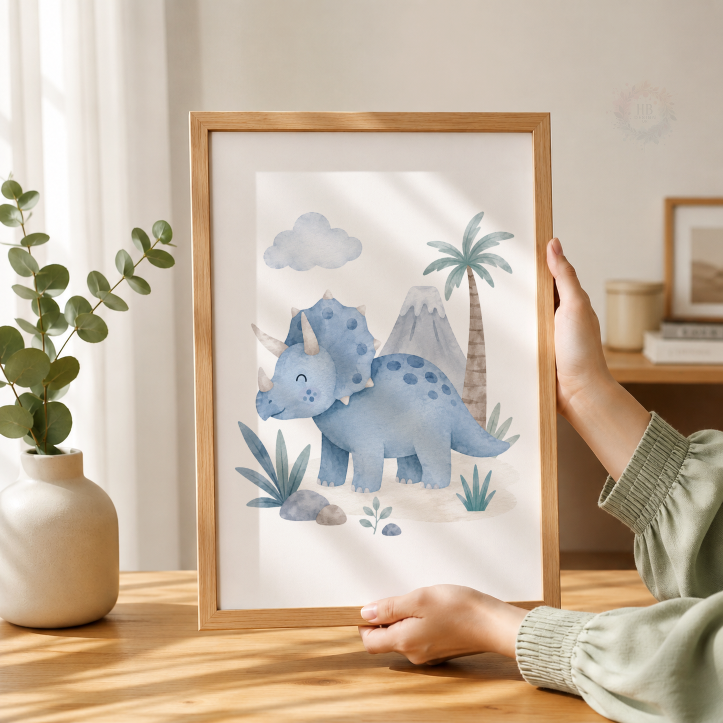Personalised Blue Dinosaur Nursery Prints – Set of 3 Watercolour Dino & Name Wall Art