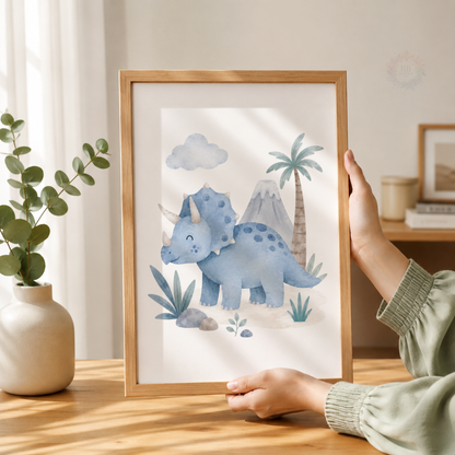 Personalised Blue Dinosaur Nursery Prints – Set of 3 Watercolour Dino & Name Wall Art