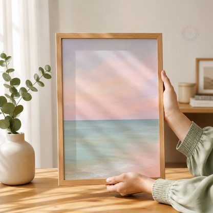 Pastel Beach Wall Art Set – Blush Pink Coastal Seascape Prints