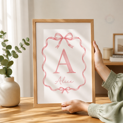 Personalised Pink Bow & Cherry Wall Art Print Set – Custom Name & Initial
