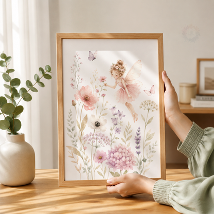 Personalised Fairy Wildflower Nursery Prints – Pink Floral Girls Wall Art Set
