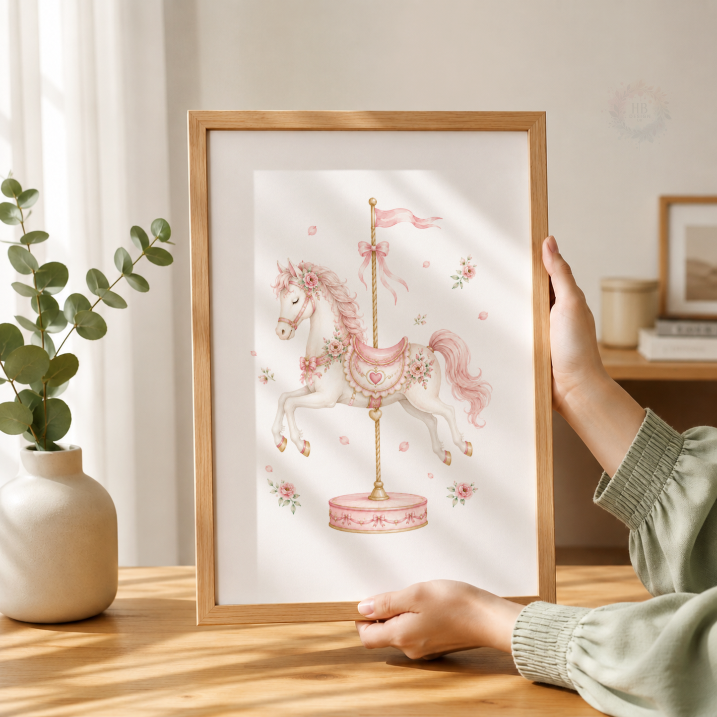 Pink Carousel Horse Nursery Prints – Set of 3 Floral Fairground Wall Art