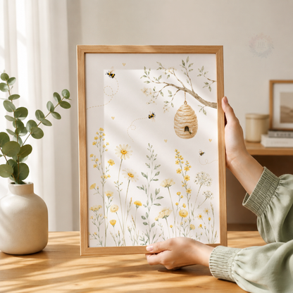 Personalised Bee & Wildflower Nursery Prints – Set of 3 Yellow Floral Wall Art