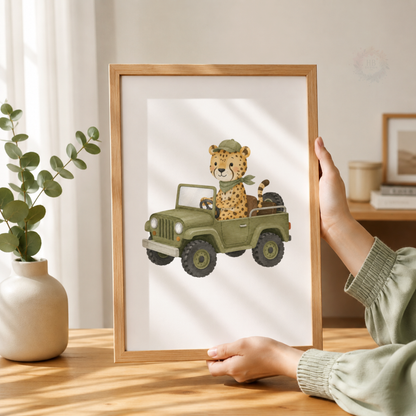 Safari Animal Transport Nursery Wall Art Set – Zebra Scooter, Penguin Submarine & Leopard Jeep Prints