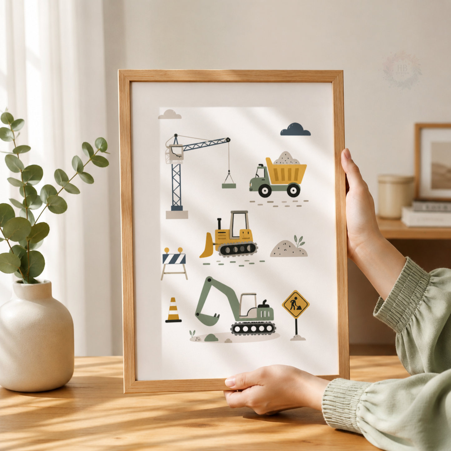 Personalised Construction Nursery Prints – Digger Truck & Crane Boys Wall Art Set