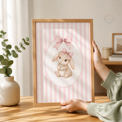 Pink Bunny Nursery Wall Art Print Set – Rabbit & Bow Girls Bedroom Decor
