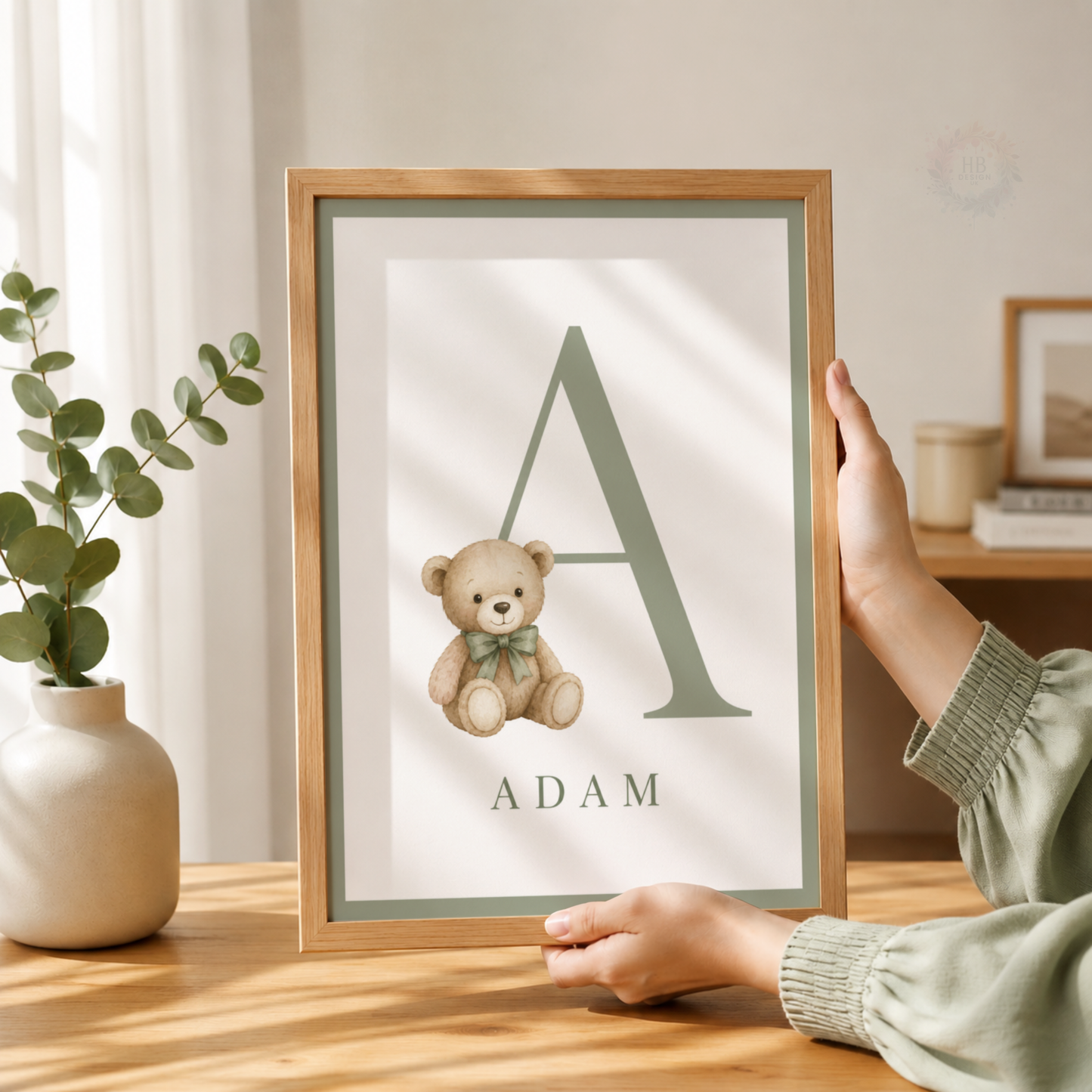 Personalised Teddy Bear Initial Nursery Print – Sage Green Name Wall Art