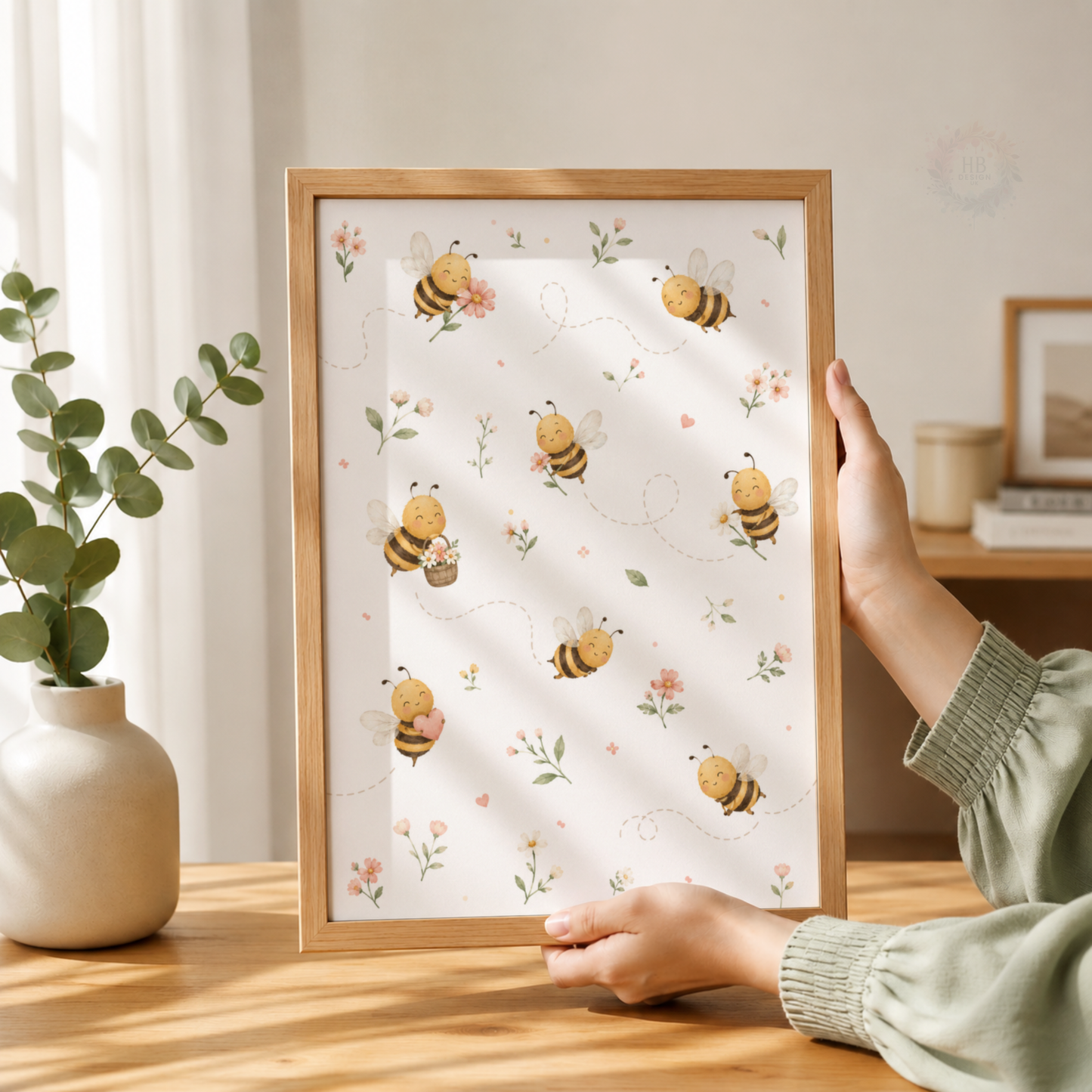 Personalised Pink Bee Nursery Prints – Set of 3 Floral Bumblebee Wall Art