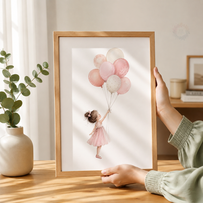 Pink Balloon & Hot Air Balloon Wall Art Print Set – Girls Nursery Decor