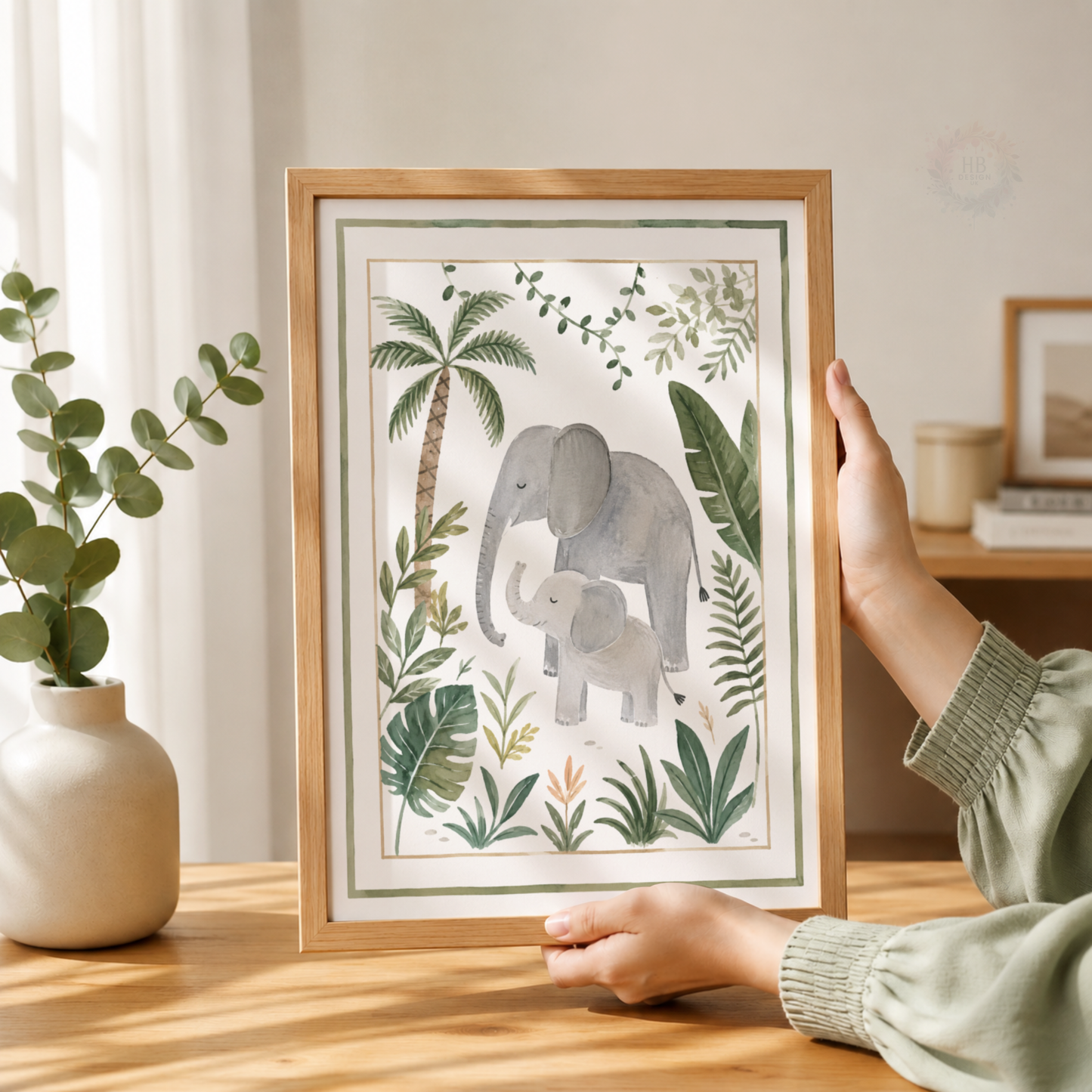 Elephant & Baby Jungle Nursery Print – Watercolour Safari Animal Wall Art