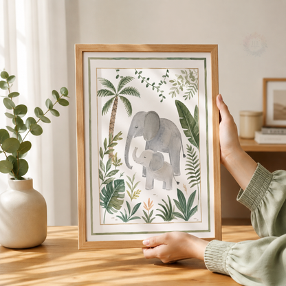 Elephant & Baby Jungle Nursery Print – Watercolour Safari Animal Wall Art